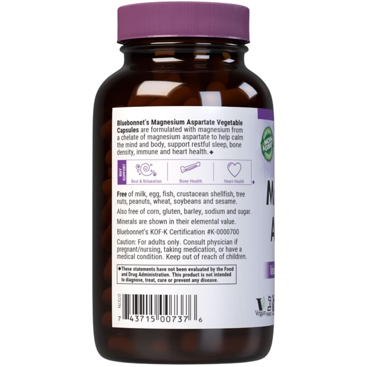 Etiqueta posterior de Bluebonnet aspartato de magnesio 400 mg, 100 cápsulas vegetales