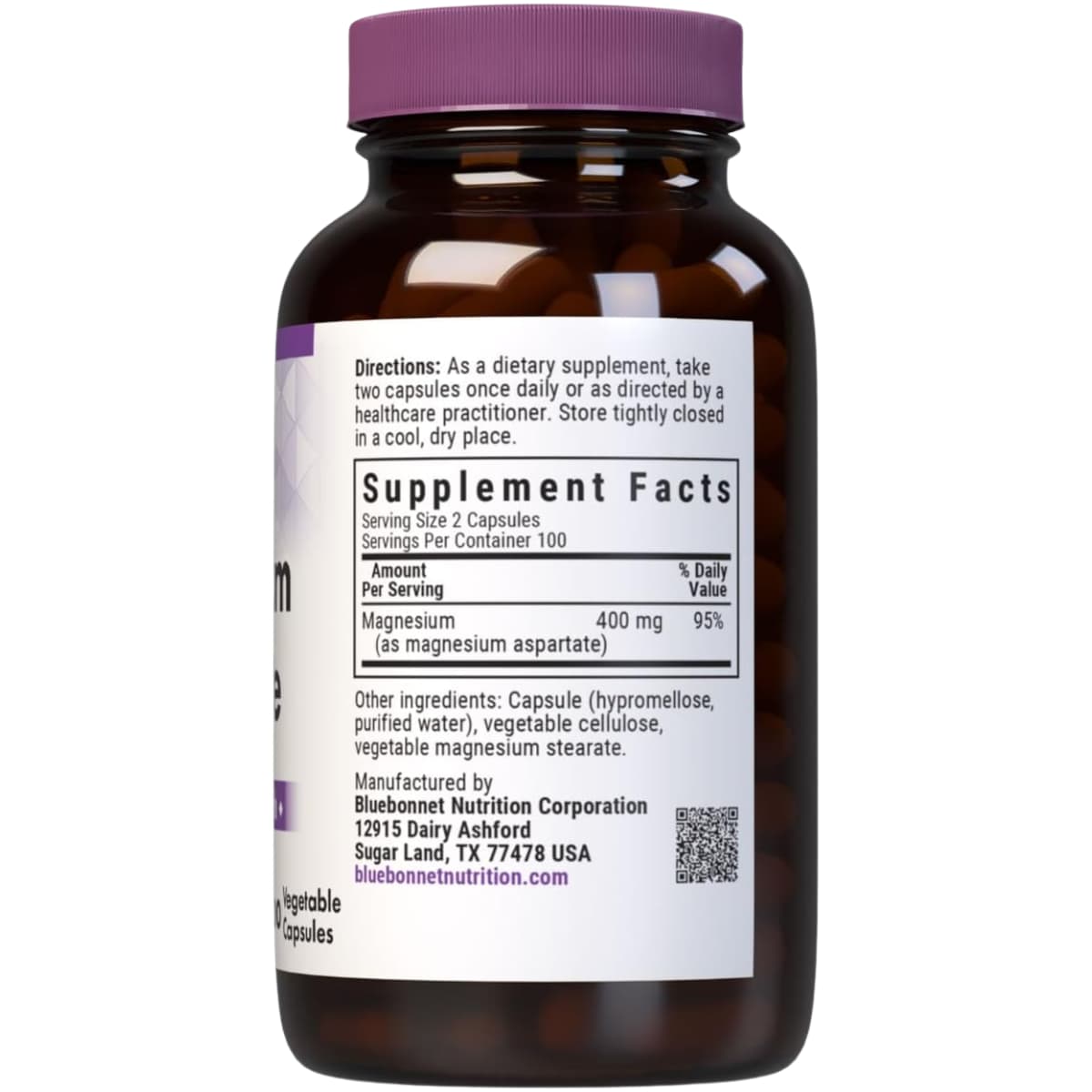 Información del suplemento de Bluebonnet aspartato de magnesio 400 mg por porción, 100 cápsulas