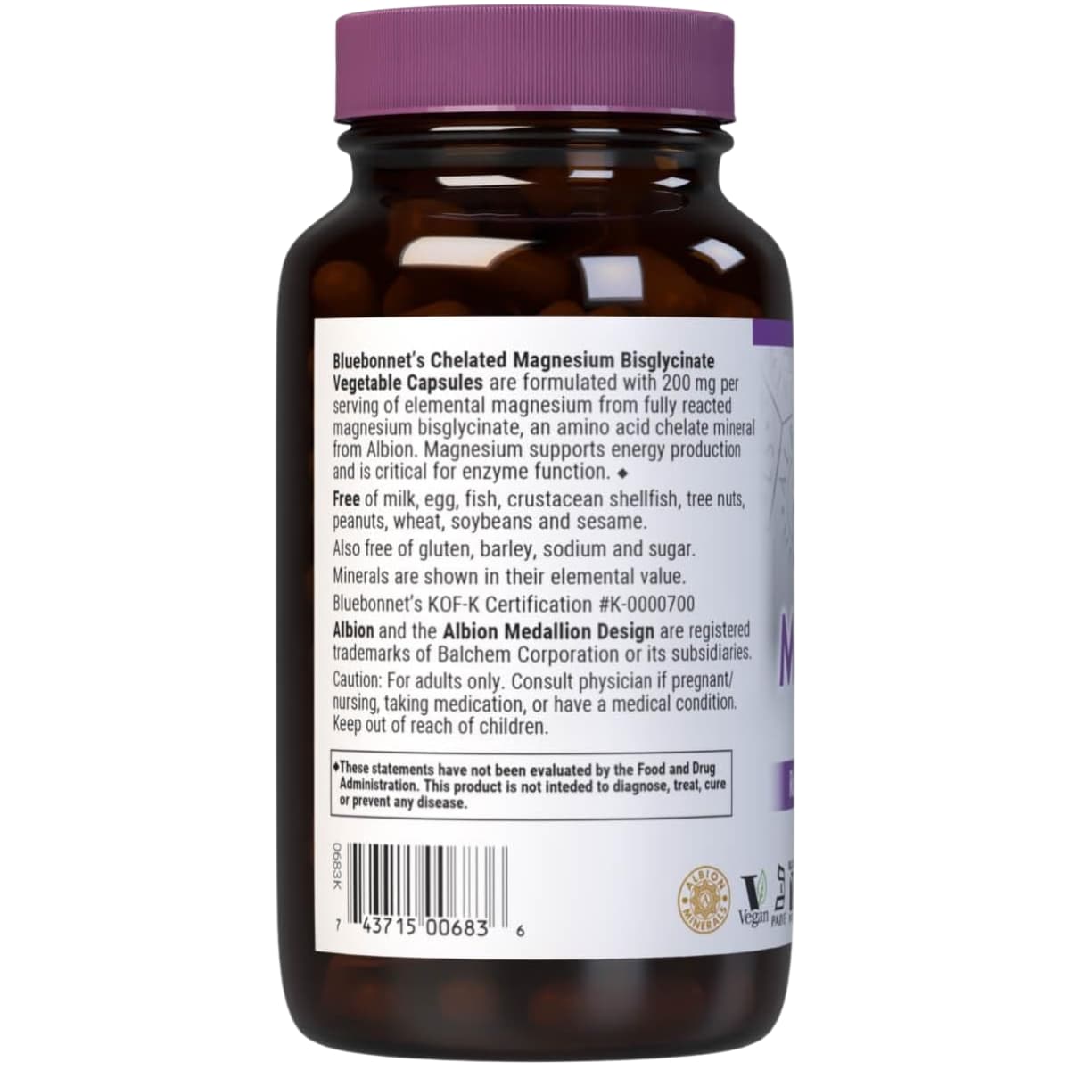 Etiqueta posterior de Bluebonnet bisglicinato de magnesio quelado Albion, 120 cápsulas vegetales