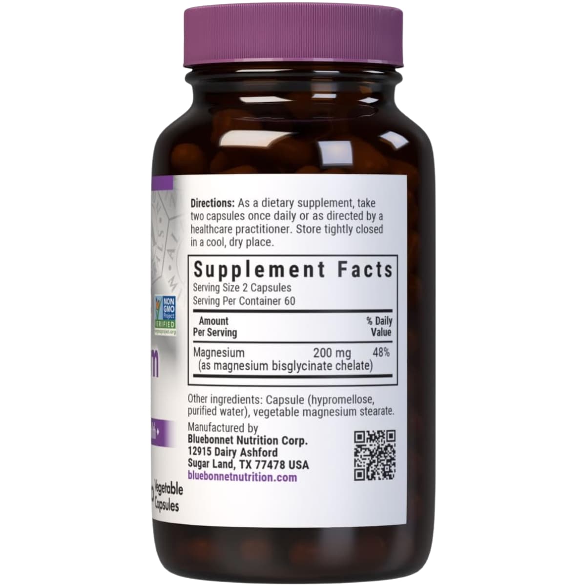 Información del suplemento de Bluebonnet bisglicinato de magnesio quelado Albion con 200 mg de magnesio por porción