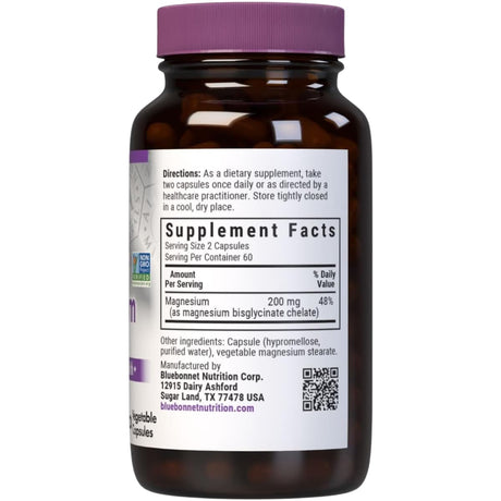 Información del suplemento de Bluebonnet bisglicinato de magnesio quelado Albion con 200 mg de magnesio por porción