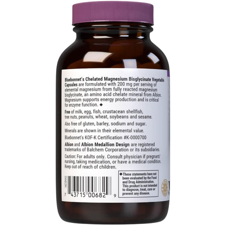 Etiqueta posterior de Bluebonnet bisglicinato de magnesio quelado Albion, 60 cápsulas vegetales
