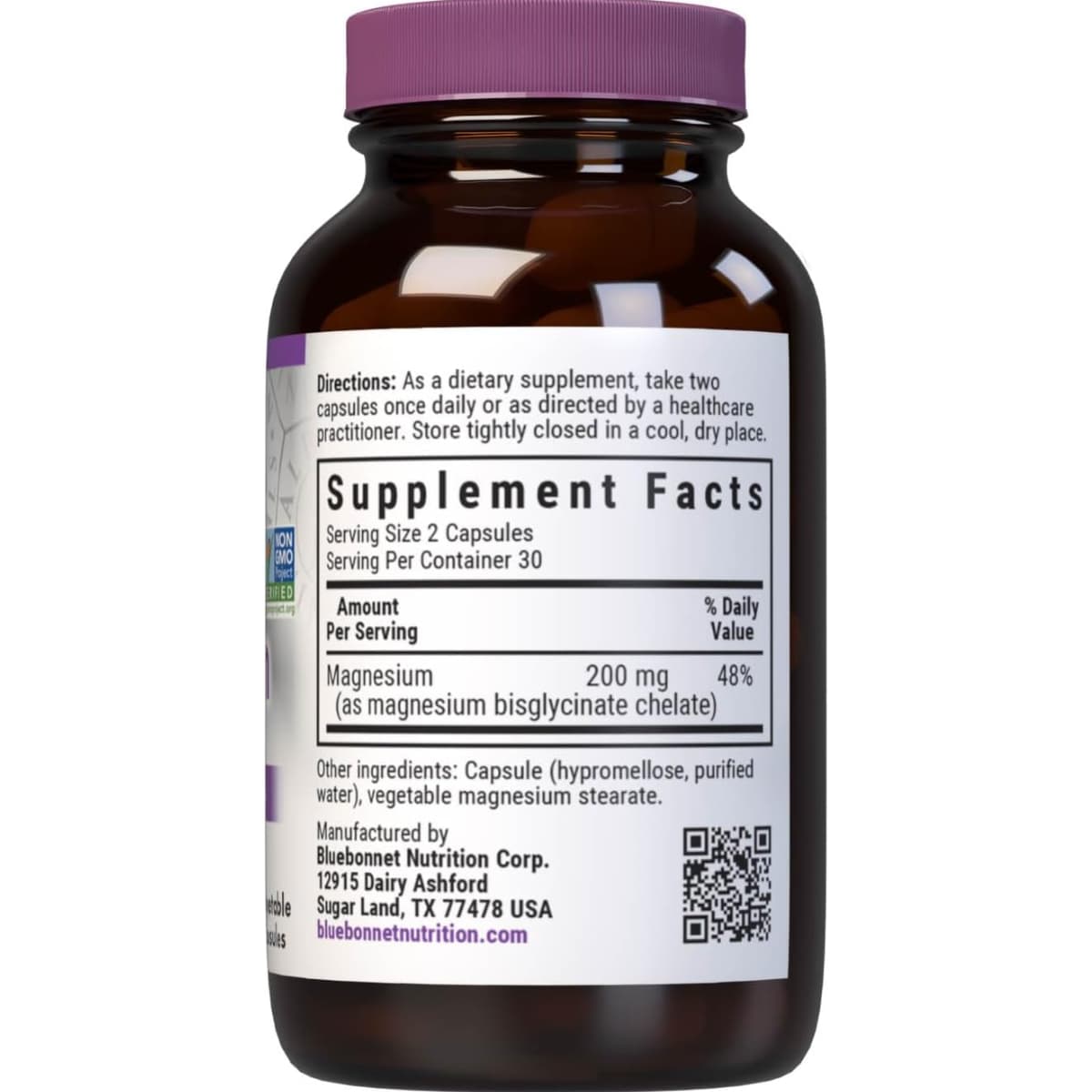 Información del suplemento de Bluebonnet bisglicinato de magnesio quelado Albion, 60 cápsulas, con 200 mg de magnesio por porción