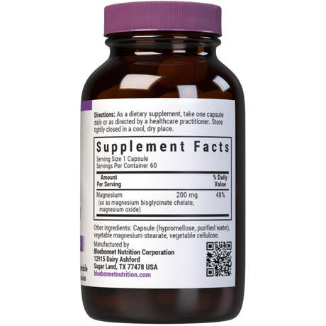 Información del suplemento de Bluebonnet bisglicinato de magnesio quelado con óxido, 120 cápsulas, con 200 mg de magnesio por cápsula