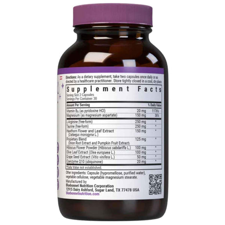 Tabla nutricional del suplemento Bluebonnet Blood Pressure Support 60 cápsulas.
