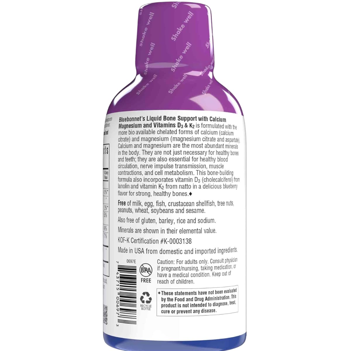 Etiqueta posterior de Bluebonnet Bone Support líquido sabor arándanos de 473 ml