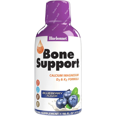 Frasco frontal de Bluebonnet Bone Support líquido con calcio, magnesio, D3 y K2 sabor arándanos, 473 ml