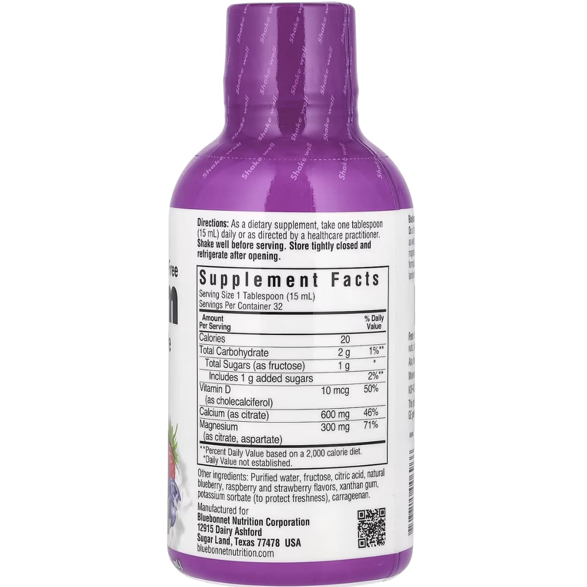 Información del suplemento de Bluebonnet calcio y magnesio líquido con D3 sabor frutos rojos