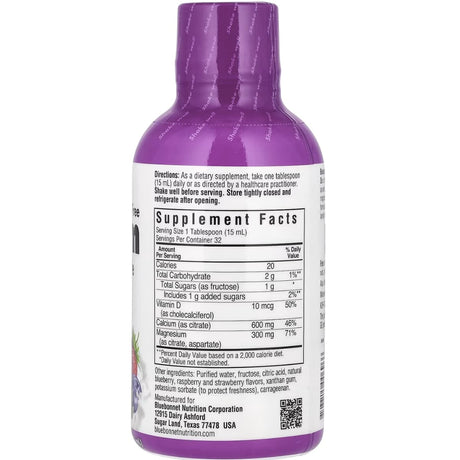 Información del suplemento de Bluebonnet calcio y magnesio líquido con D3 sabor frutos rojos