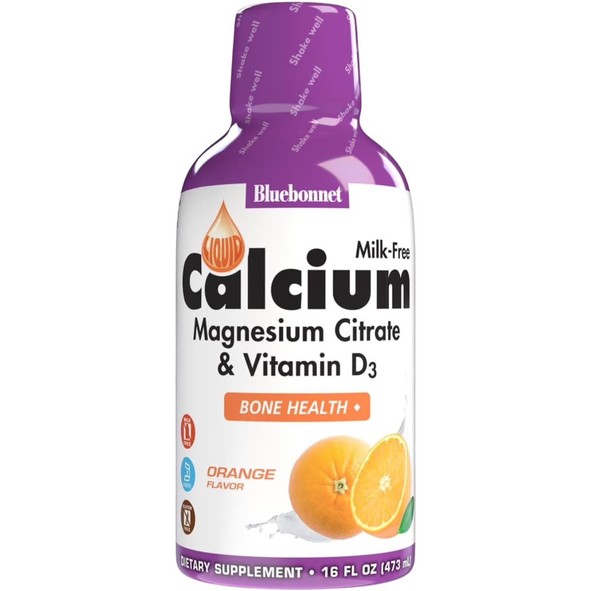 Frasco frontal de Bluebonnet calcio y magnesio líquido con D3 sabor naranja, 473 ml