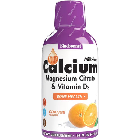 Frasco frontal de Bluebonnet calcio y magnesio líquido con D3 sabor naranja, 473 ml