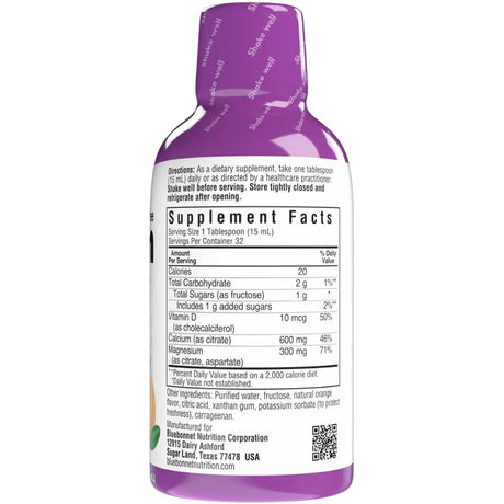 Información del suplemento de Bluebonnet calcio y magnesio líquido con D3 sabor naranja