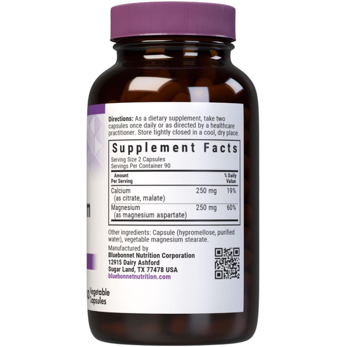 Información del suplemento de Bluebonnet calcio y magnesio ratio 1:1 en cápsulas vegetales, 180 cápsulas