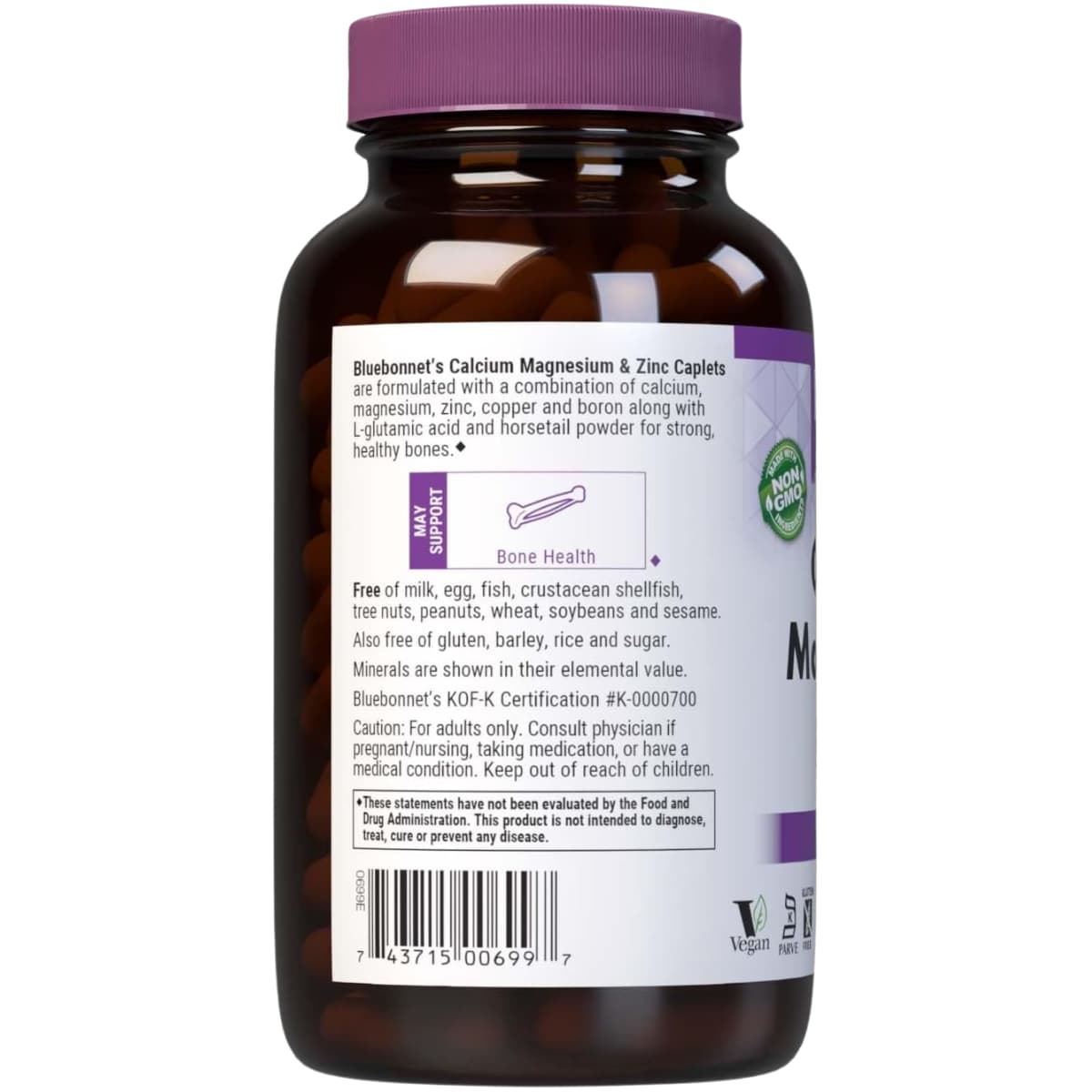 Etiqueta posterior de Bluebonnet calcio, magnesio y zinc en tabletas, 180 tabletas