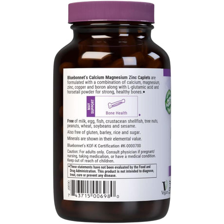 Etiqueta posterior de Bluebonnet calcio, magnesio y zinc en tabletas, 90 tabletas