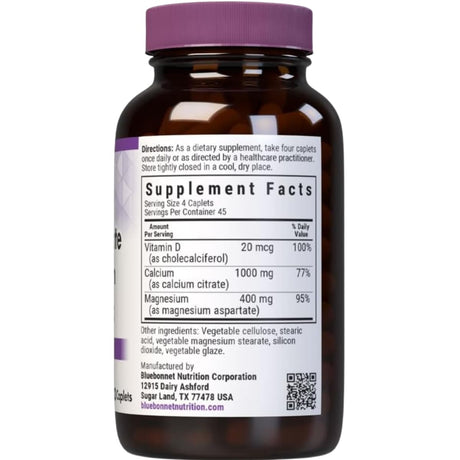 Información del suplemento de Bluebonnet citrato de calcio con magnesio y vitamina D3, 180 tabletas