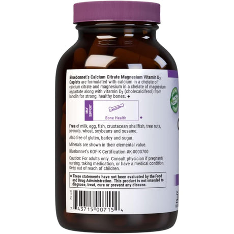 Etiqueta posterior de Bluebonnet citrato de calcio con magnesio y vitamina D3, 90 tabletas