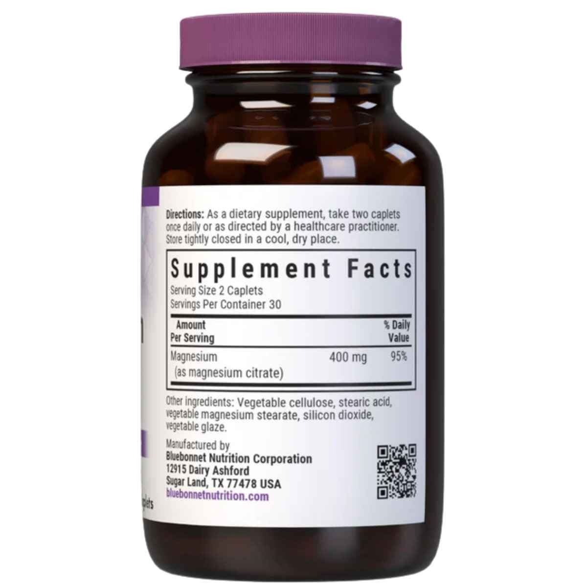 Panel de información del suplemento de Bluebonnet Citrato de magnesio con 400 mg de magnesio por porción de 2 tabletas y 30 porciones por envase.