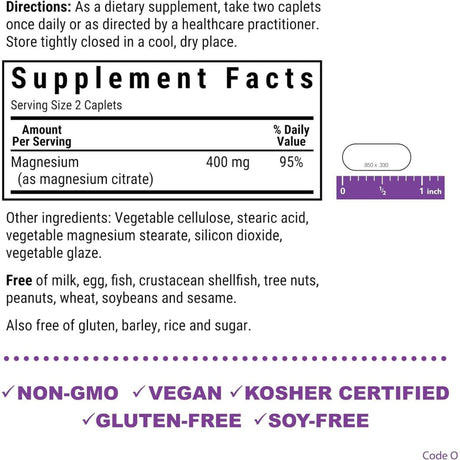 Etiqueta de Bluebonnet Citrato de magnesio con las instrucciones de uso, la información del suplemento de 400 mg por porción de 2 tabletas y los sellos del producto.