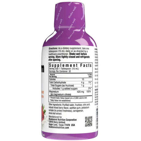 Tabla nutricional del suplemento Bluebonnet Citrato de Magnesio Líquido sabor Mezcla de Bayas 16 fl oz