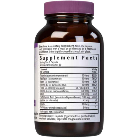 Tabla nutricional del suplemento Bluebonnet Complejo B 100 50 cápsulas vegetales