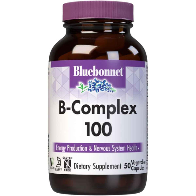 Frasco de suplemento Bluebonnet Complejo B 100 50 cápsulas vegetales