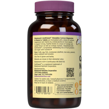 Etiqueta posterior de Bluebonnet EarthSweet calcio, magnesio y vitamina D3 en tabletas masticables sabor naranja vainilla, 90 tabletas