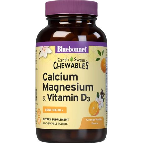 Frasco frontal de Bluebonnet EarthSweet calcio, magnesio y vitamina D3 en tabletas masticables sabor naranja vainilla, 90 tabletas