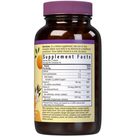 Información del suplemento de Bluebonnet EarthSweet calcio, magnesio y vitamina D3 en tabletas masticables sabor naranja vainilla, 90 tabletas