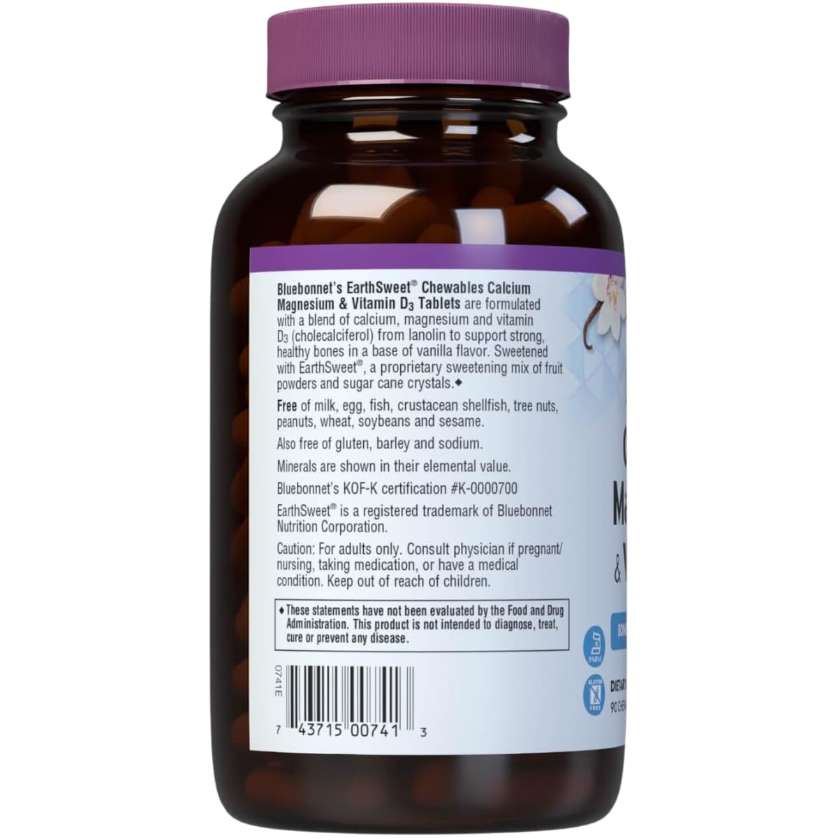 Etiqueta posterior de Bluebonnet EarthSweet calcio, magnesio y vitamina D3 en tabletas masticables sabor vainilla, 90 tabletas