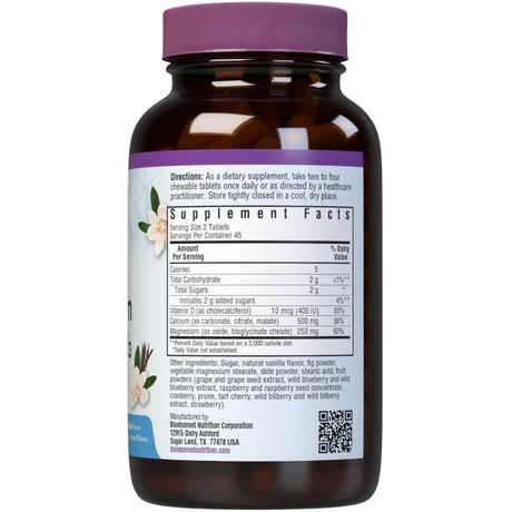 Información del suplemento de Bluebonnet EarthSweet calcio, magnesio y vitamina D3 en tabletas masticables sabor vainilla, 90 tabletas