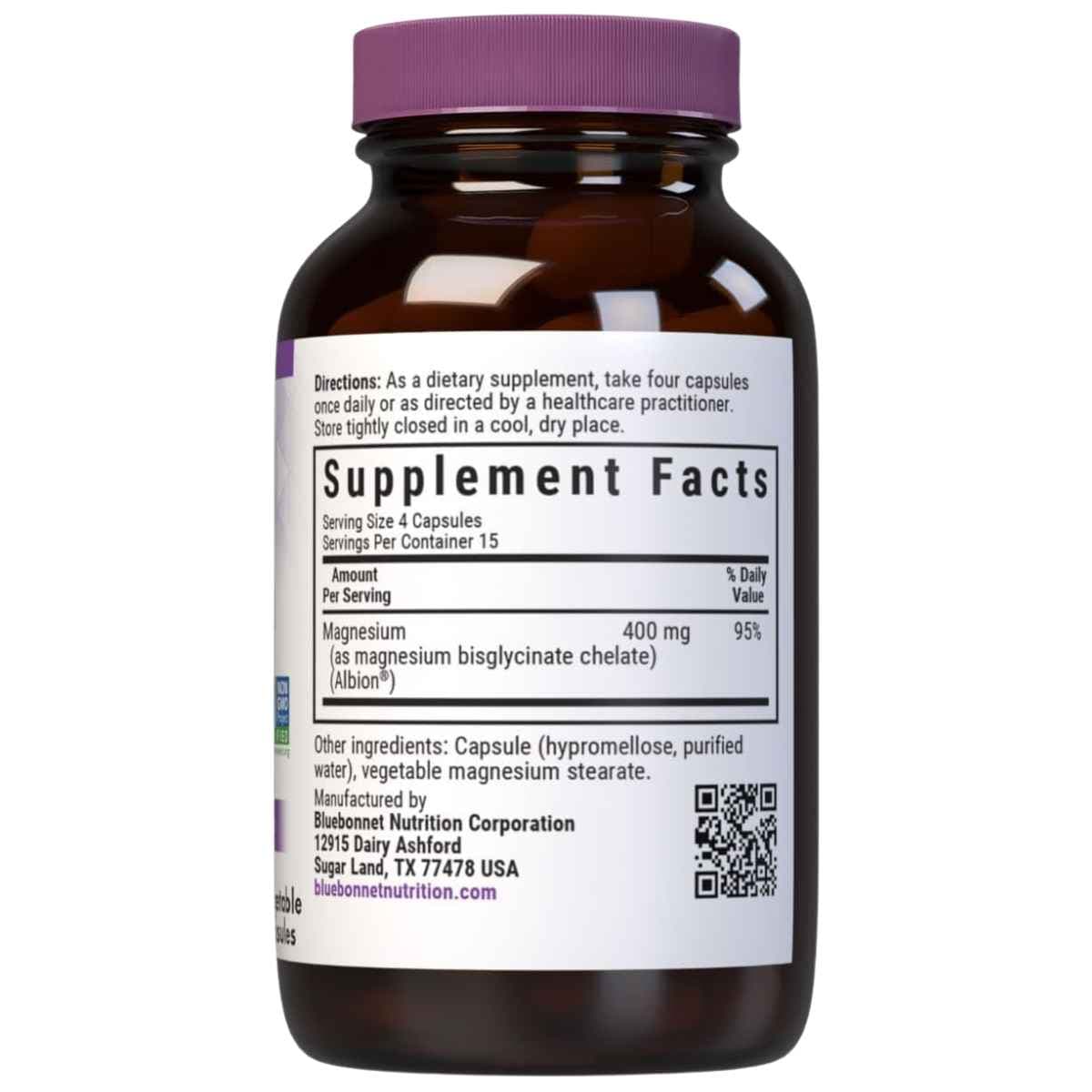 Etiqueta Supplement Facts de Bluebonnet Magnesium Glycinate 400 mg con 60 cápsulas vegetales