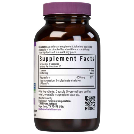 Etiqueta Supplement Facts de Bluebonnet Magnesium Glycinate 400 mg con 60 cápsulas vegetales