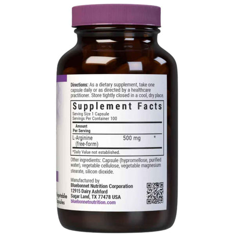 Tabla nutricional del suplemento Bluebonnet L-Arginina 500 mg 100 cápsulas