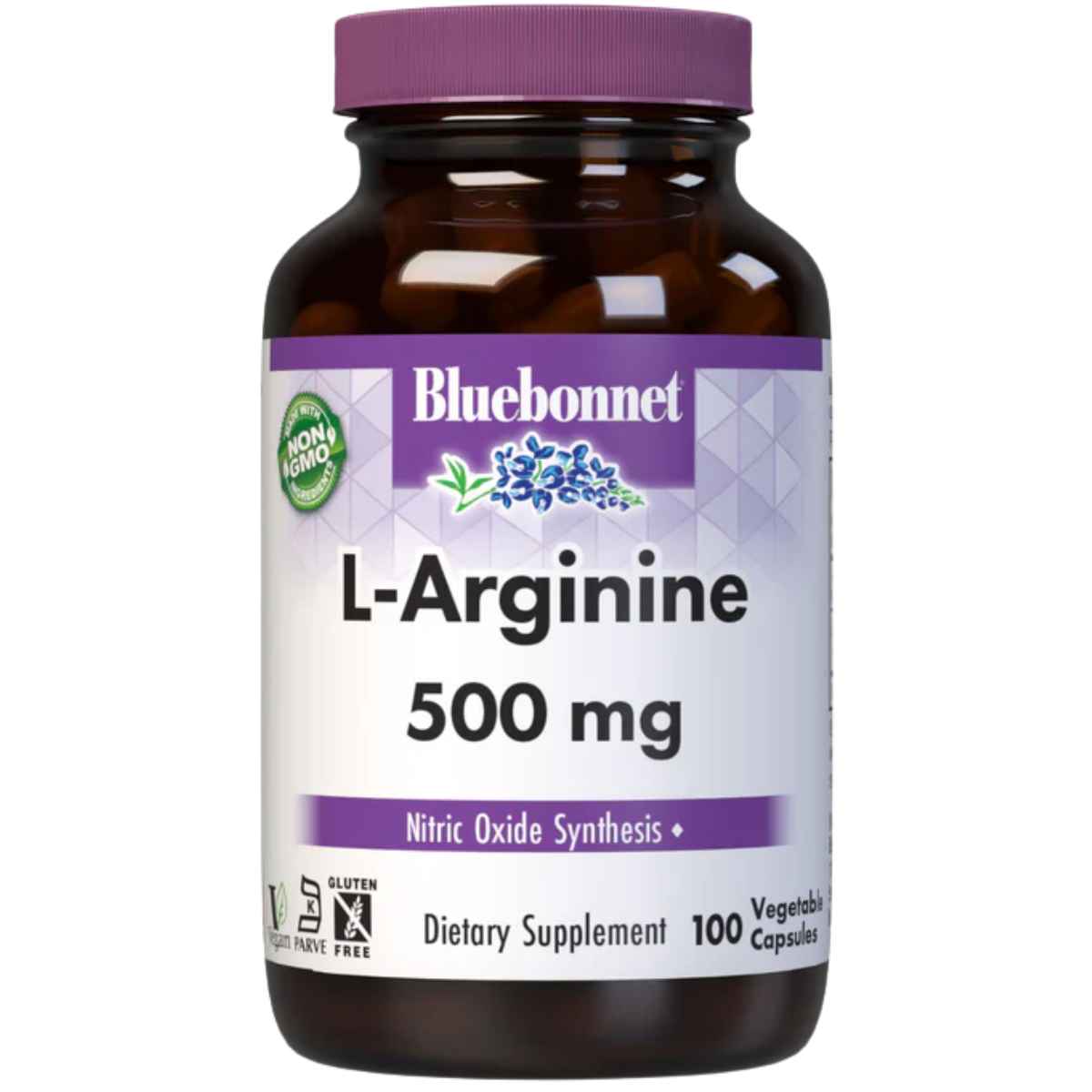 Frasco de suplemento Bluebonnet L-Arginina 500 mg 100 cápsulas