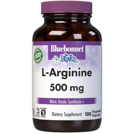 Frasco de suplemento Bluebonnet L-Arginina 500 mg 100 cápsulas