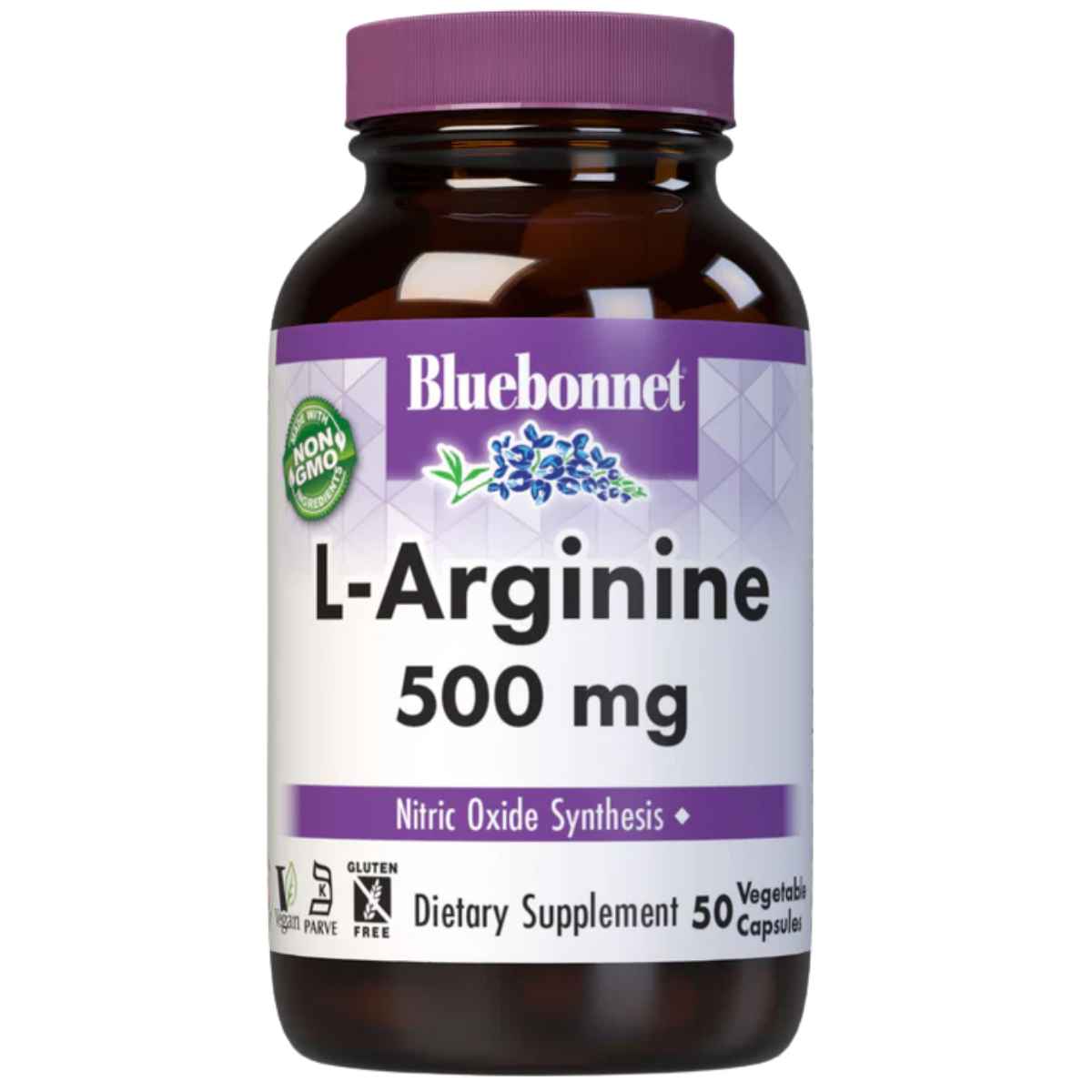 Frasco de suplemento Bluebonnet L-Arginina 500 mg 50 cápsulas
