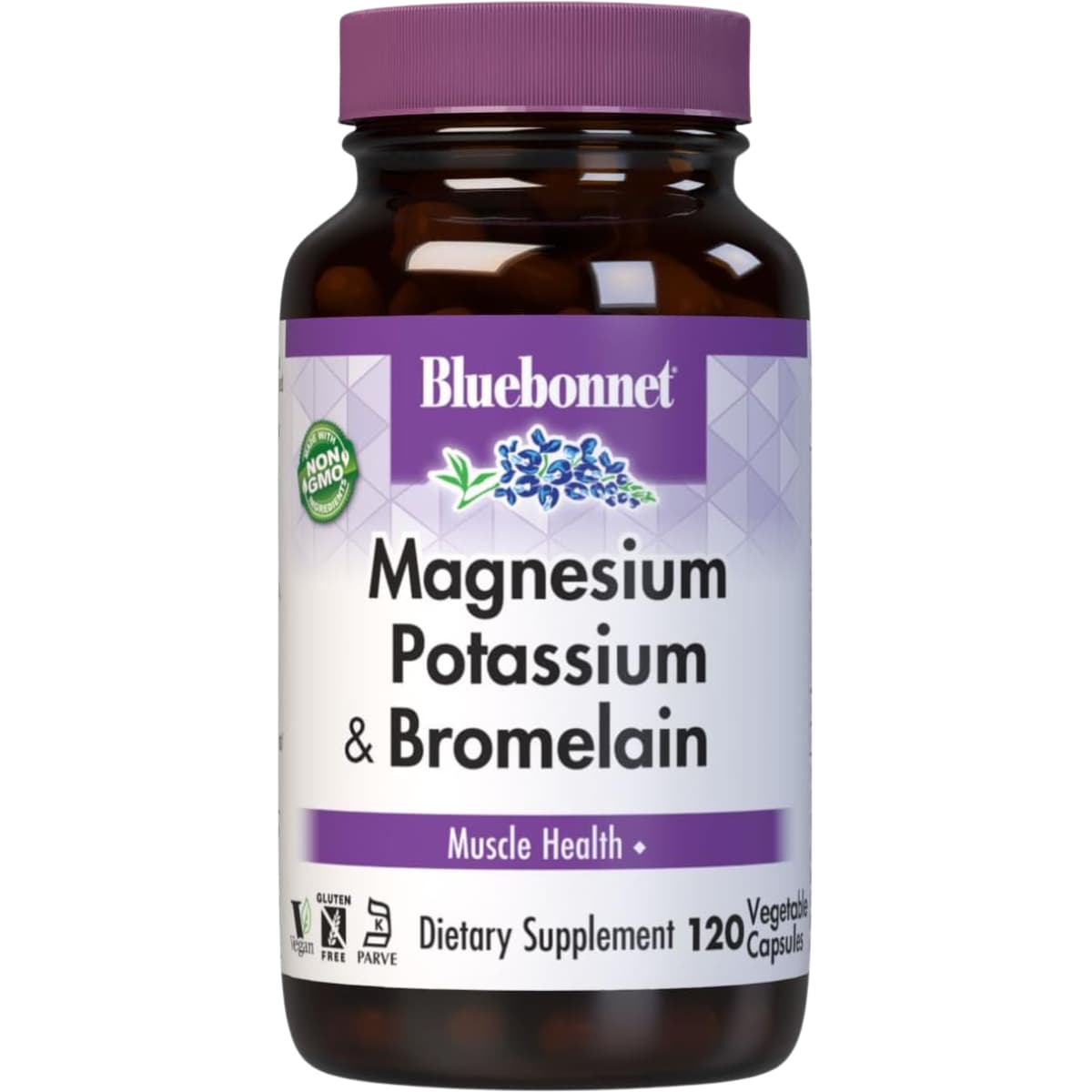 Frasco frontal de Bluebonnet magnesio con potasio y bromelina, 120 cápsulas vegetales