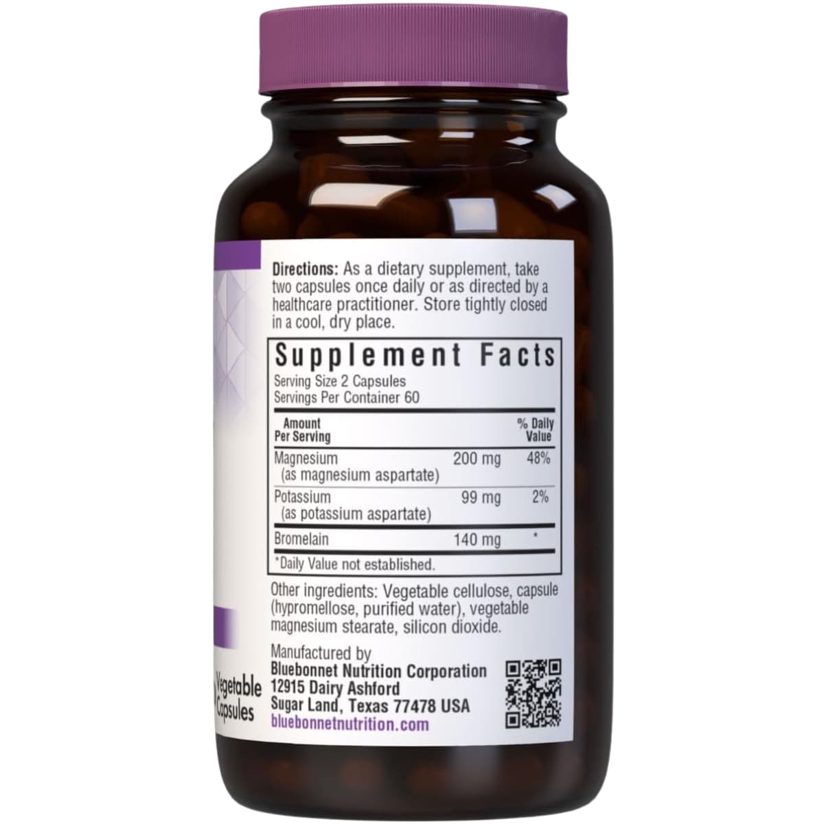 Información del suplemento de Bluebonnet magnesio con potasio y bromelina, 120 cápsulas vegetales