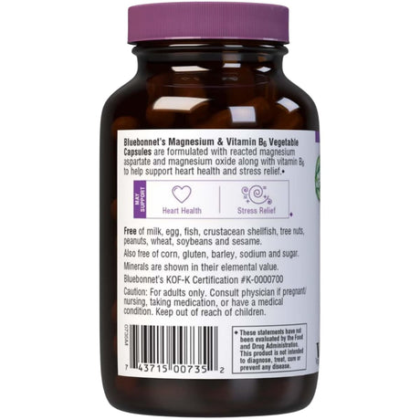 Etiqueta posterior de Bluebonnet magnesio con vitamina B6, 90 cápsulas vegetales