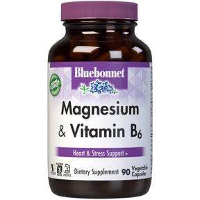 Frasco frontal de Bluebonnet magnesio con vitamina B6, 400 mg por porción, 90 cápsulas vegetales
