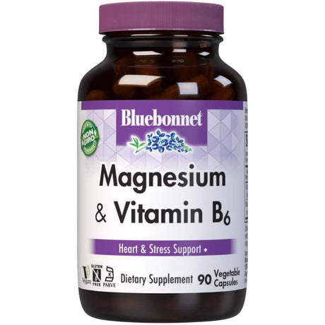 Frasco frontal de Bluebonnet magnesio con vitamina B6, 400 mg por porción, 90 cápsulas vegetales