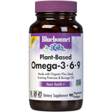 Frasco frontal de Bluebonnet Omega 3-6-9 vegetal, presentación de 90 cápsulas blandas