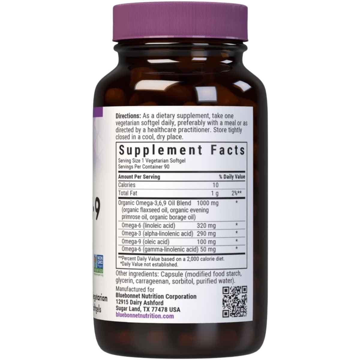 Etiqueta de suplemento de Bluebonnet Omega 3-6-9 vegetal, presentación de 90 cápsulas blandas
