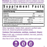 Etiqueta de Bluebonnet Omega 3 Aceite de Pescado de 120 cápsulas blandas con información de Omega 3, DHA y EPA