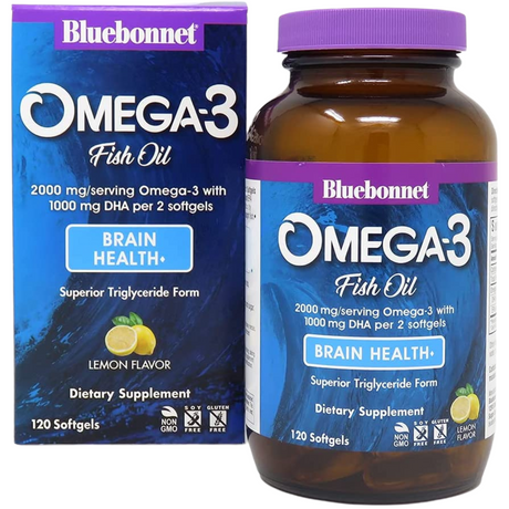 Frasco de Bluebonnet Omega 3 Aceite de Pescado de 120 cápsulas blandas