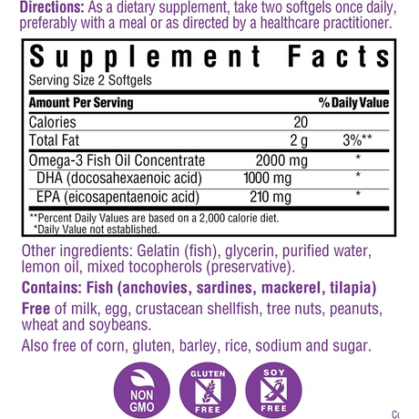 Etiqueta de Bluebonnet Omega 3 Aceite de Pescado de 60 cápsulas blandas con información de Omega 3, DHA y EPA