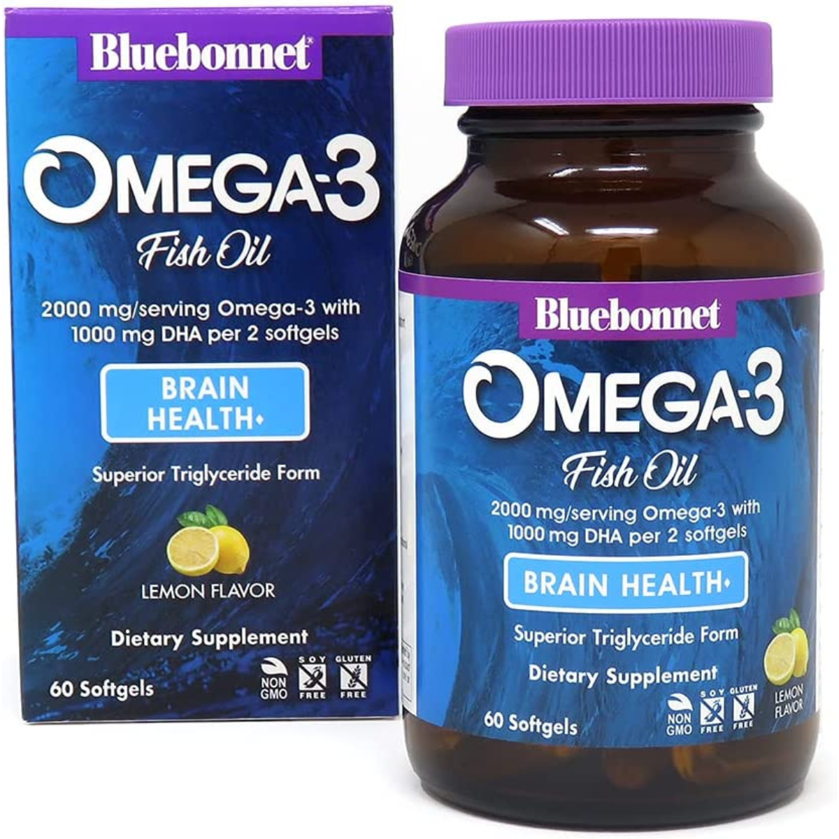 Frasco de Bluebonnet Omega 3 Aceite de Pescado de 60 cápsulas blandas