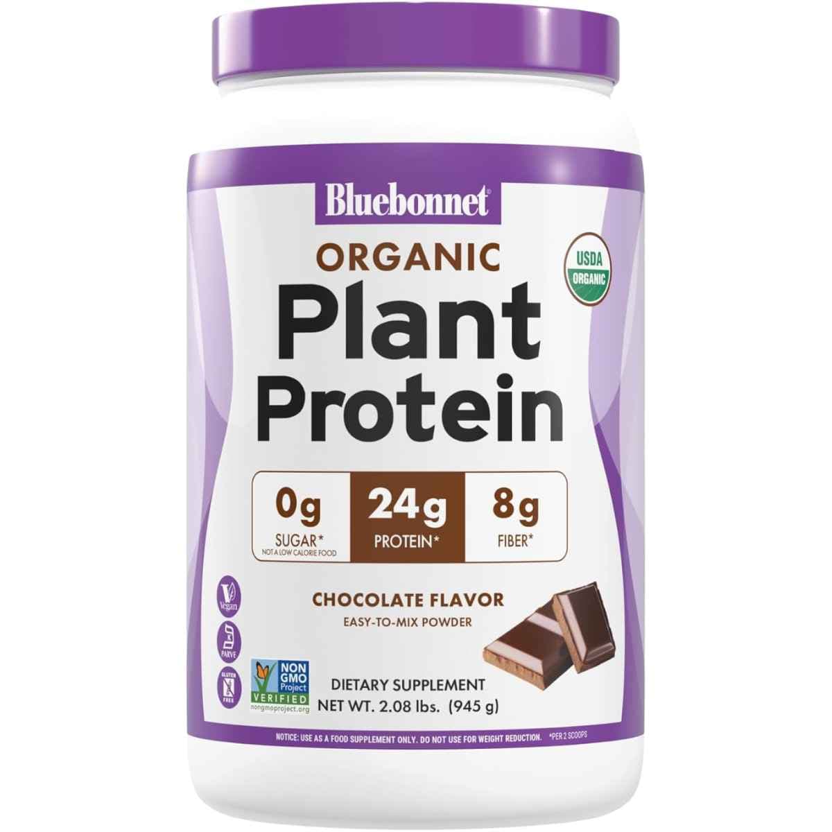Frasco frontal Bluebonnet Organic Plant Protein sabor chocolate 945 g