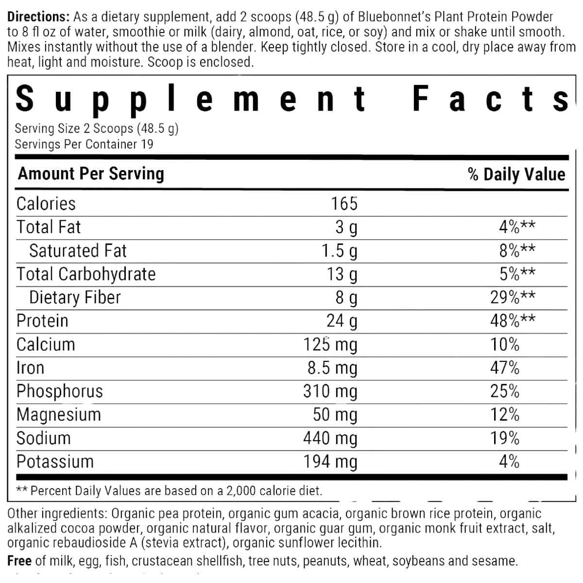Información nutricional de Bluebonnet Organic Plant Protein chocolate 945 g, 19 porciones